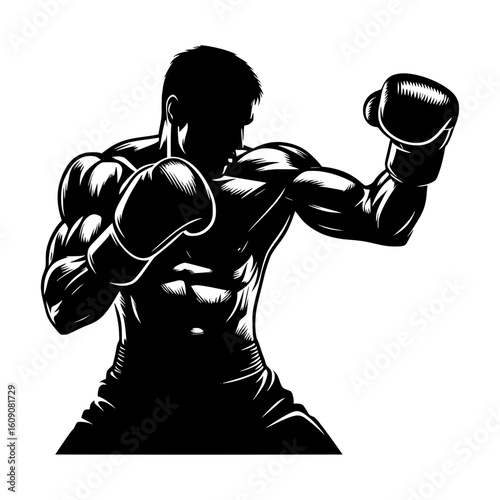 Silhouette of a muscular boxer in a fighting stance with boxing gloves