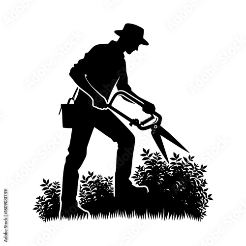 Gardener silhouette trimming bushes with shears in a garden