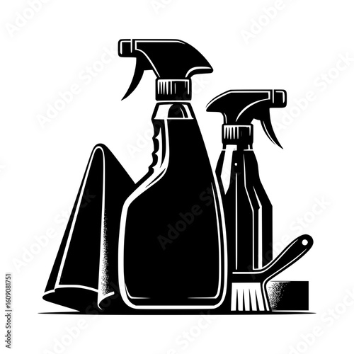 Cleaning supplies including spray bottles cloth and brush on white background
