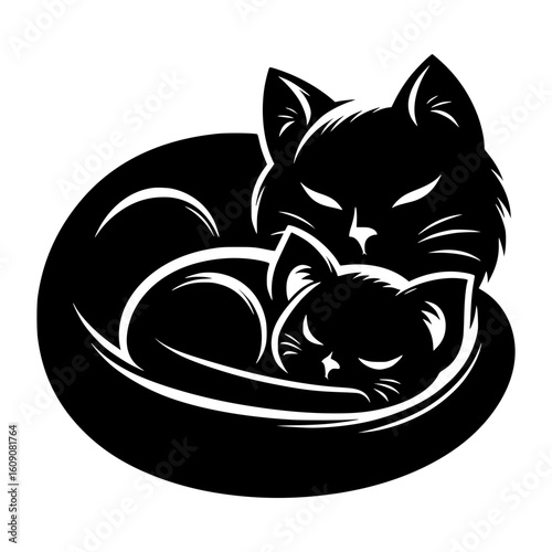 Two black cats sleeping curled up together in a protective embrace