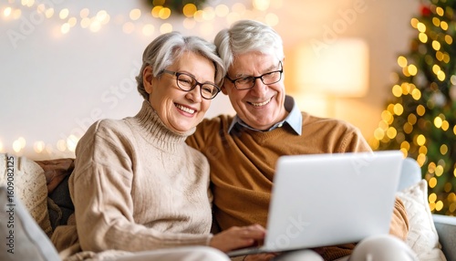 Senior couple using laptop, Christmas lights