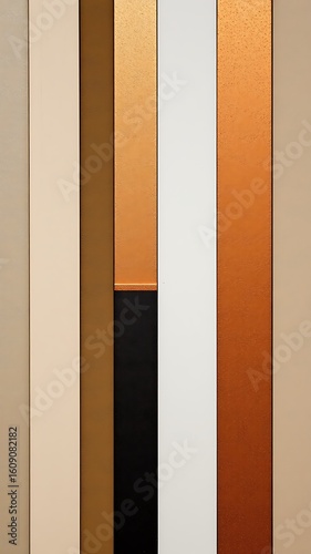 Photo of abstract vertical stripes of gold, copper, black, white, and beige create a modern geometric pattern