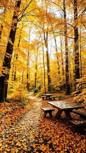 Photo of a peaceful autumn forest path is covered with fallen golden leaves and lined with picnic tables