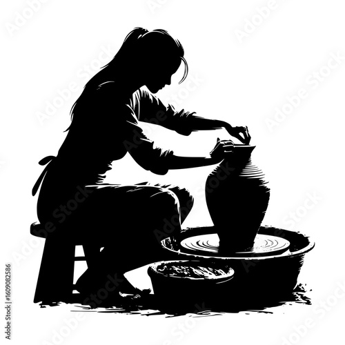 Silhouette of a woman shaping clay on a pottery wheel