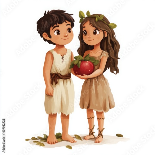 Adam and Eve Christian illustration, biblical story, illustration for children