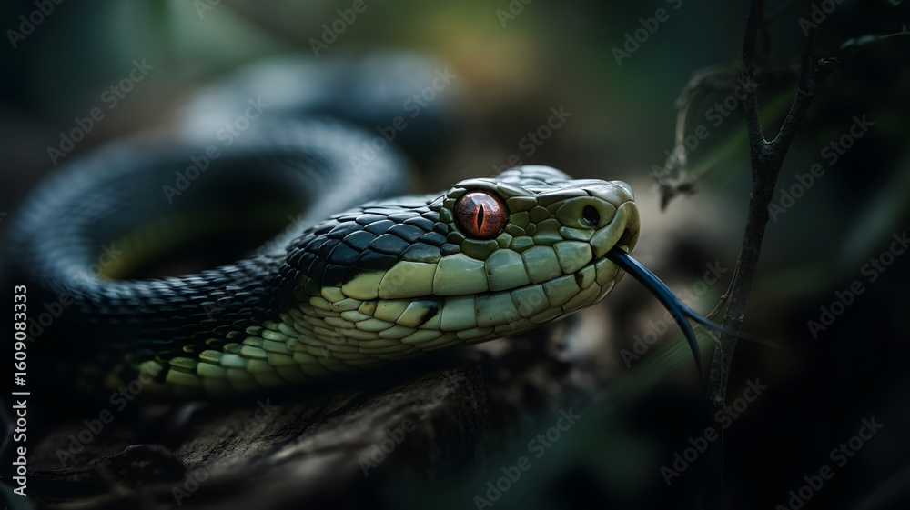 Obraz premium Close up of a green snake with red eyes in a natural setting