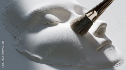 Makeup brush applying powder to a white face sculpture