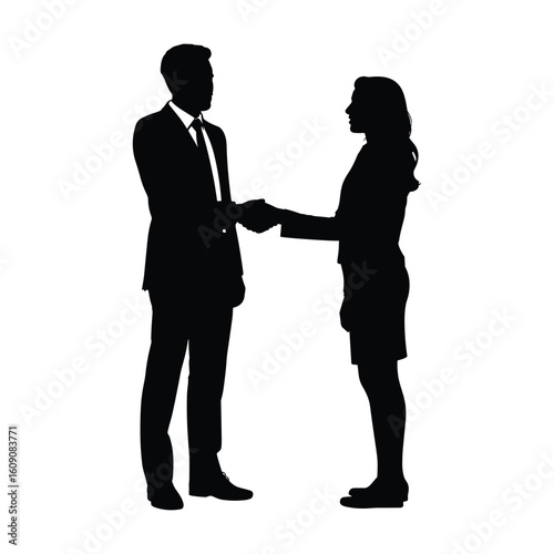 Silhouette of a man and woman shaking hands in agreement