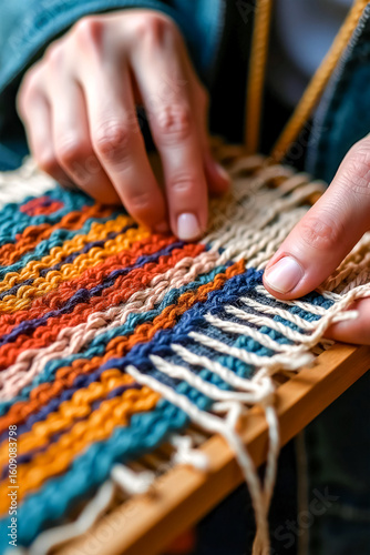 A close-up shot of hands weaving a colorful tapestry demonstrates the intricacy and texture of handcrafted crafts.