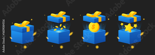 Cartoon pen box with light explosion set box with golden coins stars inside on black background give away giftbox isolated vector object