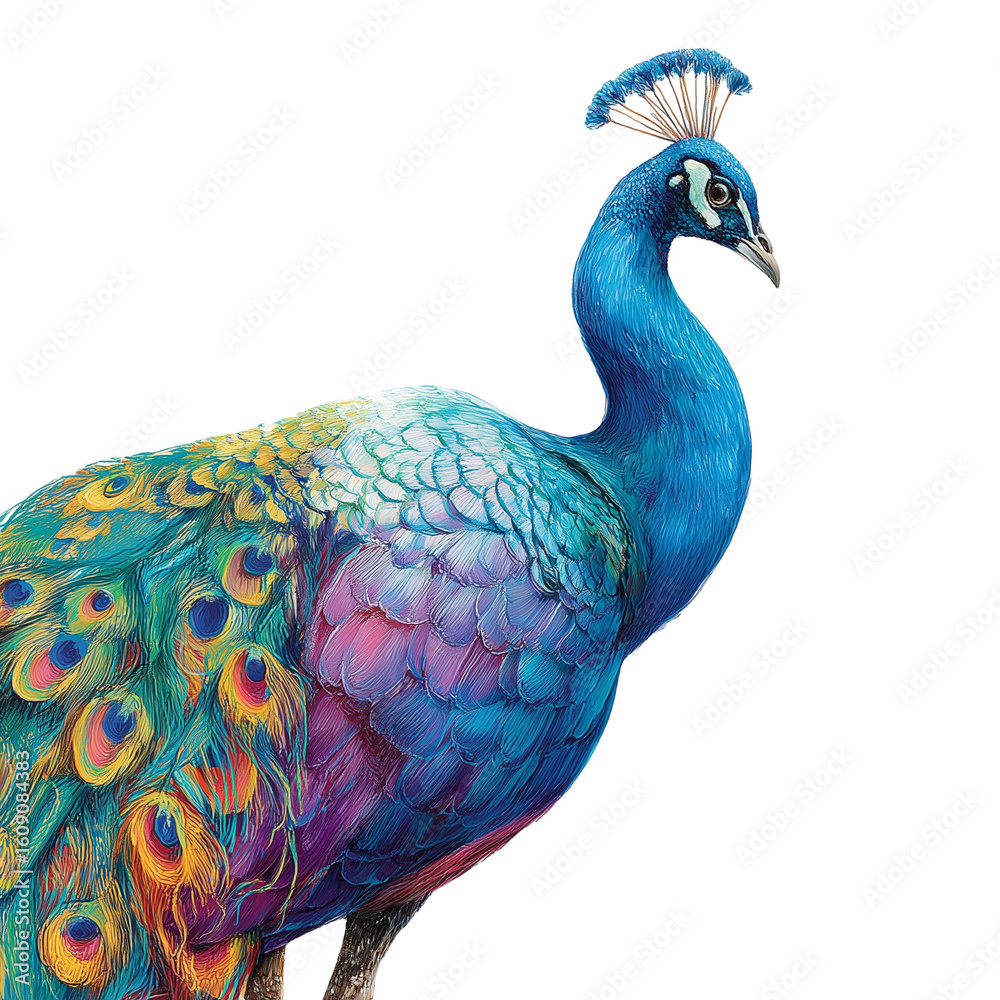 Fototapeta premium A vibrant peacock displaying its colorful plumage, showcasing an array of blues, greens, and purples on white background
