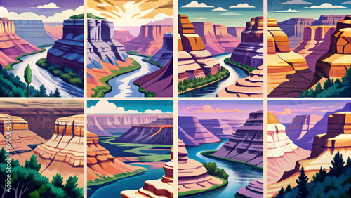 Vector banner set of Grand Canyon at sunset with winding river, vibrant sky, dramatic sunburst, red rock cliffs, vast desert, and majestic natural scenery