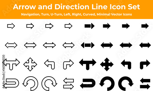 Arrow and Direction Line Icon Set. Navigation, Turn, U-Turn, Left, Right, Curved, Minimal Vector Icons