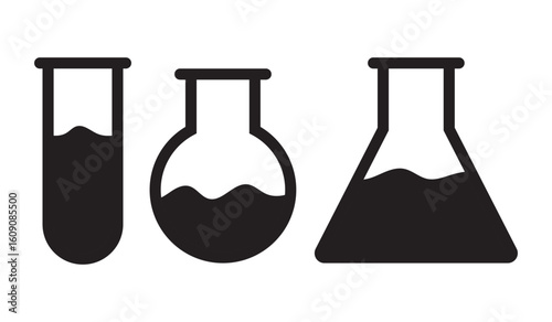 Bold black vector icons of science lab glassware including test tube, round-bottom flask, and conical flask filled with liquid. Ideal for education, lab signs, and scientific visuals.