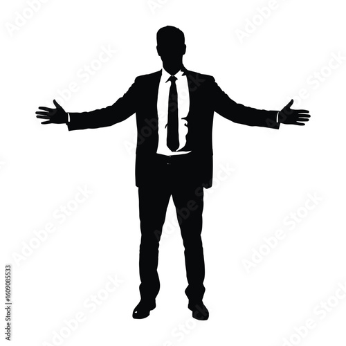 Silhouette of a businessman in a suit with arms outstretched welcomingly
