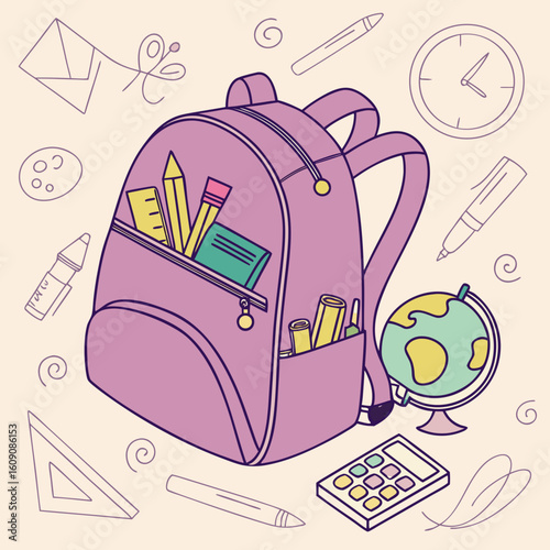 School backpack filled with supplies and surrounded by stationery