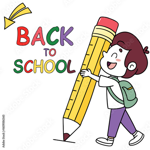 Happy child embraces giant pencil for back to school