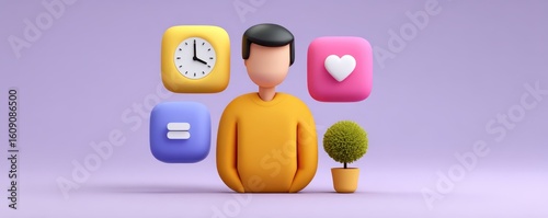 A 3D avatar stands next to icons representing time, equality, love, and a potted plant on a purple background.