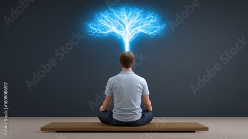A man meditates cross-legged with glowing blue lightning shaped like a tree emerging from his head against a dark background.
