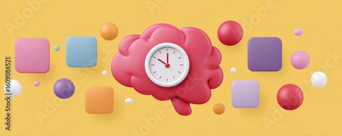 A 3D pink brain with a clock embedded in it, surrounded by colorful geometric shapes on a yellow background, symbolizing time and cognitive function.