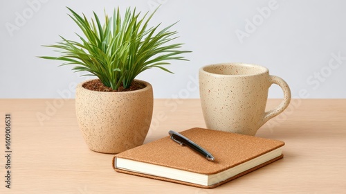 A green potted plant, a beige ceramic mug, and a closed notebook with a pen sit on a wooden surface against a plain background.