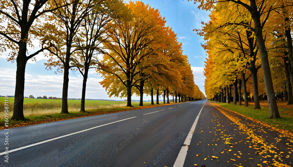 Fototapeta premium le paysage automnal d'une route bordée de feuilles rouges