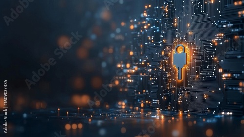 Digital security key icon emerging from circuit board cybersecurity concept abstract technology environment futuristic view