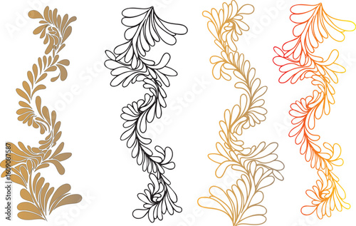 Set of Hand-Drawn Ornamental Flourishes and Vines, Creative Decorative Swirl Designs, Black and White and Color, Abstract and Stylized Vine Illustrations, Unique Hand-Drawn Flourish Art, Vector Set.