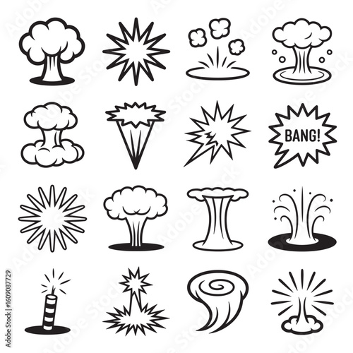 Vector art of a collection of black and white line art icons representing various explosions and comic book sound effects