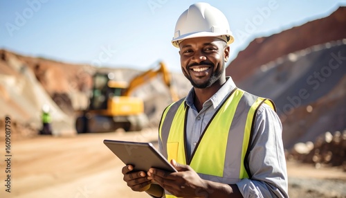 A smiling, dark-skinned engineer in a hard hat and safety vest, holding a tablet, stands amidst a quarry
