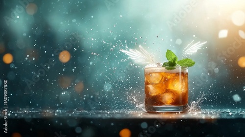 Refreshing cocktail splash bar setting beverage photography dramatic lighting close-up view inviting atmosphere
