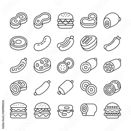 Vector art of a collection of simple line art icons representing various meat products and fast food items