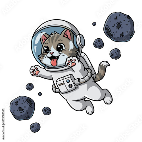 Floating astronaut cat dodging asteroids in space