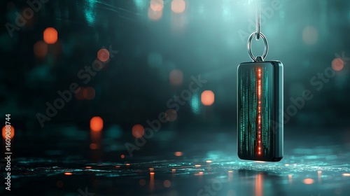Digital key technology futuristic space abstract art neon glow close-up security concept