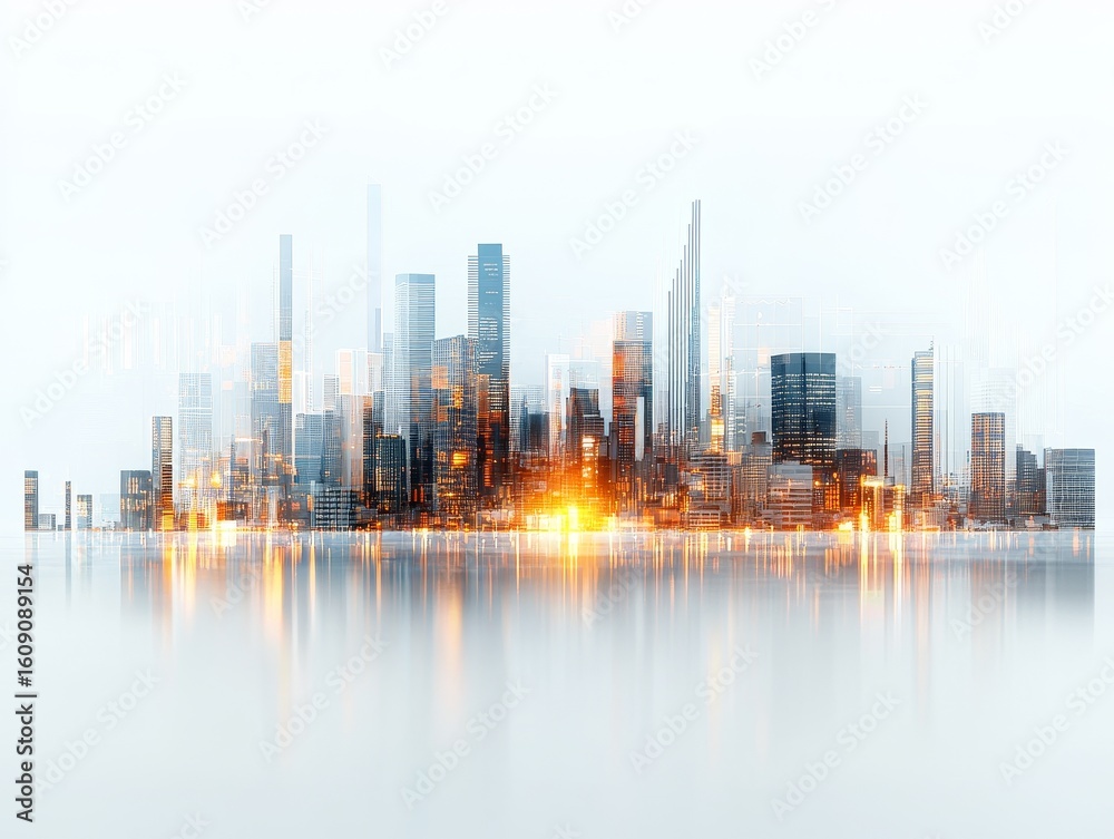 Fototapeta premium Urban sunrise futuristic cityscape abstract visualization modern environment high-angle view dreamlike concept