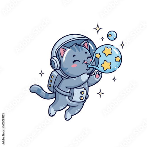 Cat in space suit admiring a sparkling planet