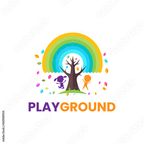 Colorful Playground Logo with Rainbow and Kids, vector