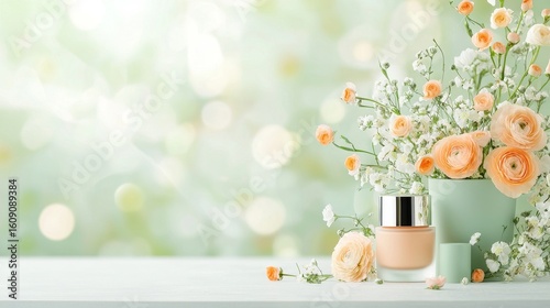 Elegant floral arrangement with cosmetic bottle soft background product photography calm environment close-up beauty concept