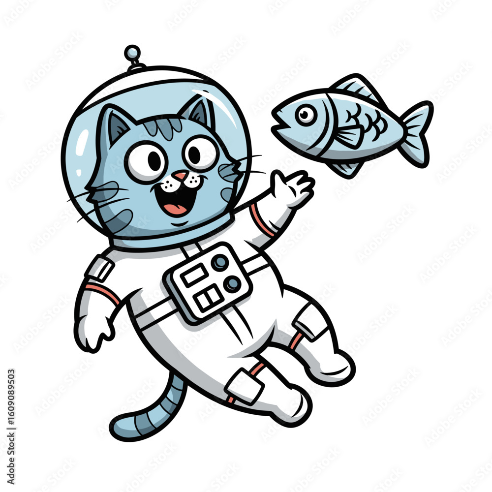 Fototapeta premium Cute astronaut cat holding fish in space