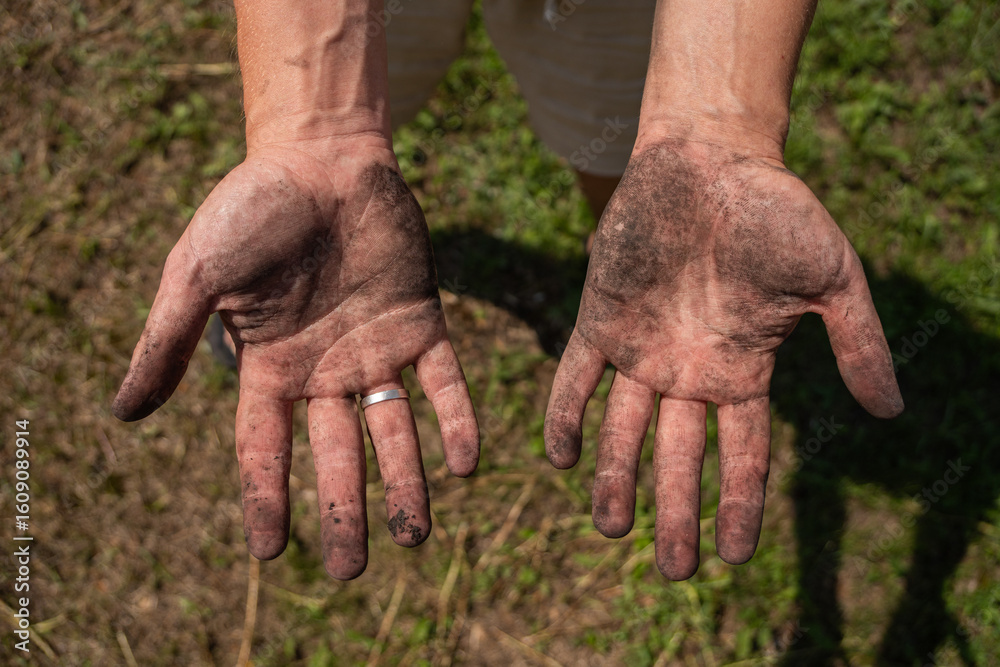 Fototapeta premium Hands covered in soil after gardening Horizontal
