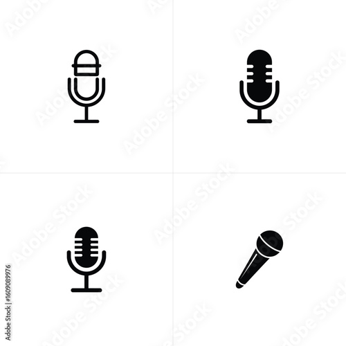 Black Microphone Icons Depicted on White Background in Four Varied Styles
