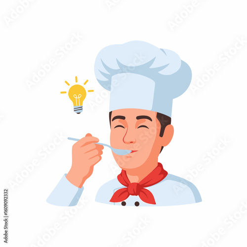 A chef in uniform tastes food from a spoon, an idea lightbulb floats nearby, representing culinary inspiration.