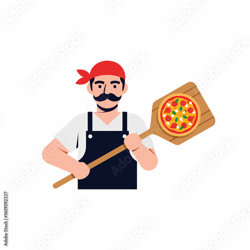 A cartoon pizzaiolo holding a pizza on a wooden peel, showcasing a food service worker.