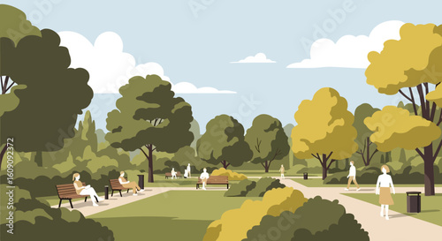 Tranquil park scene with people relaxing on benches and strolling along paths amidst lush greenery.