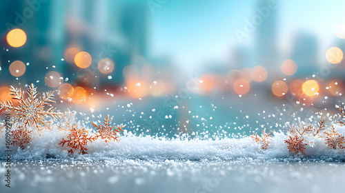 Winter scene featuring delicate snowflakes and shimmering frost on a snowy surface, with blurred city lights creating a magical atmosphere. Selective focus