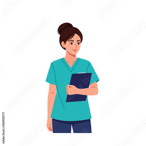 A smiling female medical professional holding a clipboard, looking to the side with a confident expression.