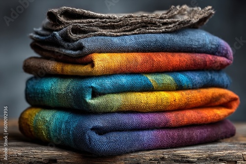 Layers of vibrant hand-dyed fabrics folded over a minimal natural surface.