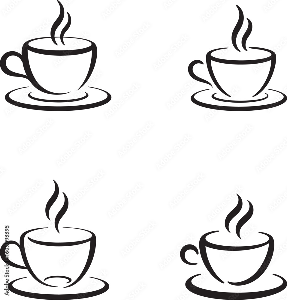 Obraz premium Four hand drawn coffee cups with steam isolated on transparent background