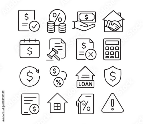 Loan and Financing Line Icon Set. Interest Rate, Mortgage, Approval, Repayment, Penalty, Credit Score Vector Illustration
