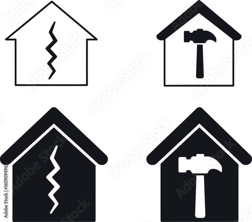 Home repair icons cracked wall hammer